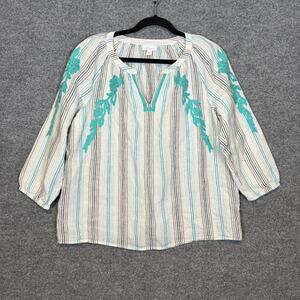 J.Jill Shirt Womens Small Linen Peasant Top Blouse Striped Love Linen